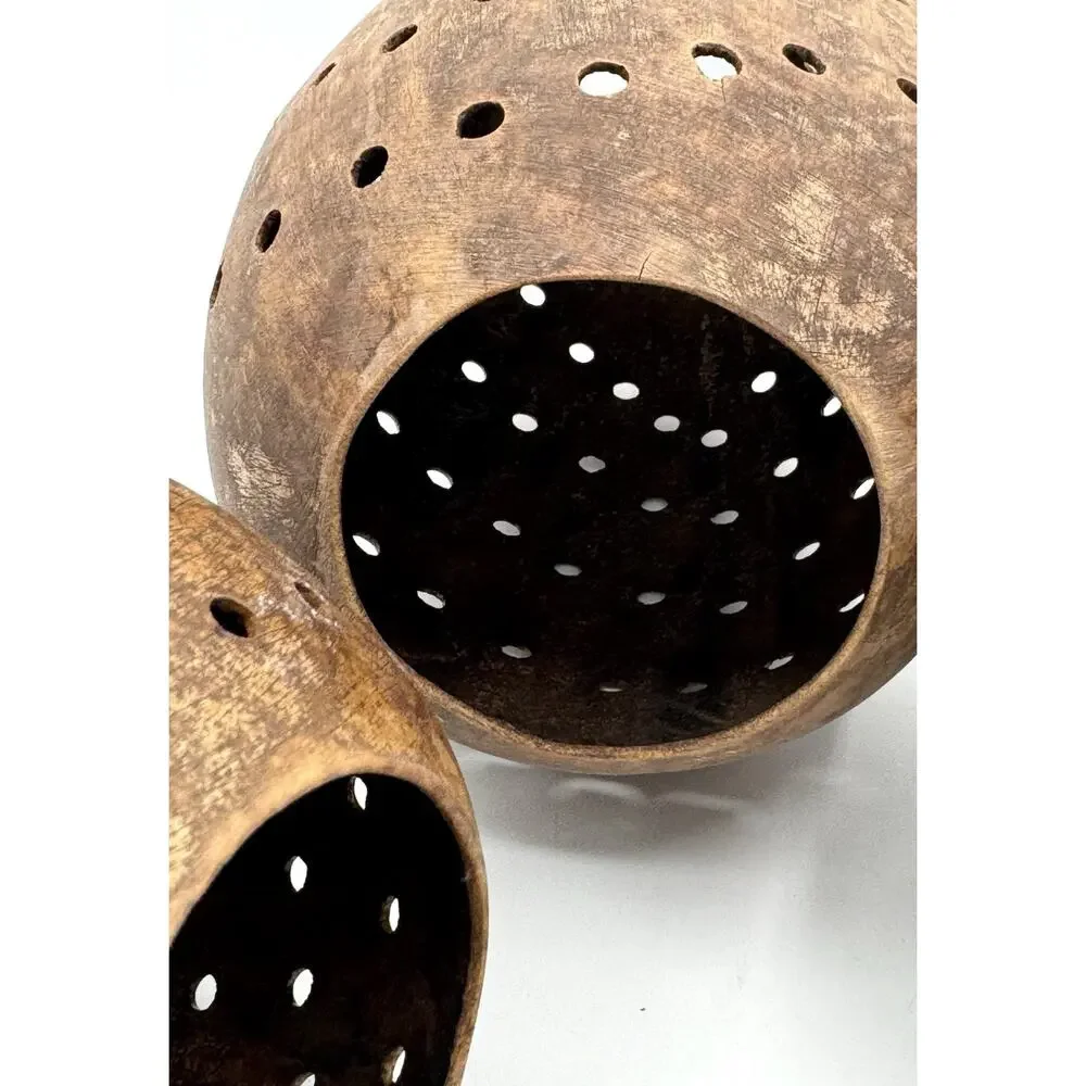 3 Piece Coconut Shell Candle Holders Set Hollow Pierced Handmade Natural Rustic